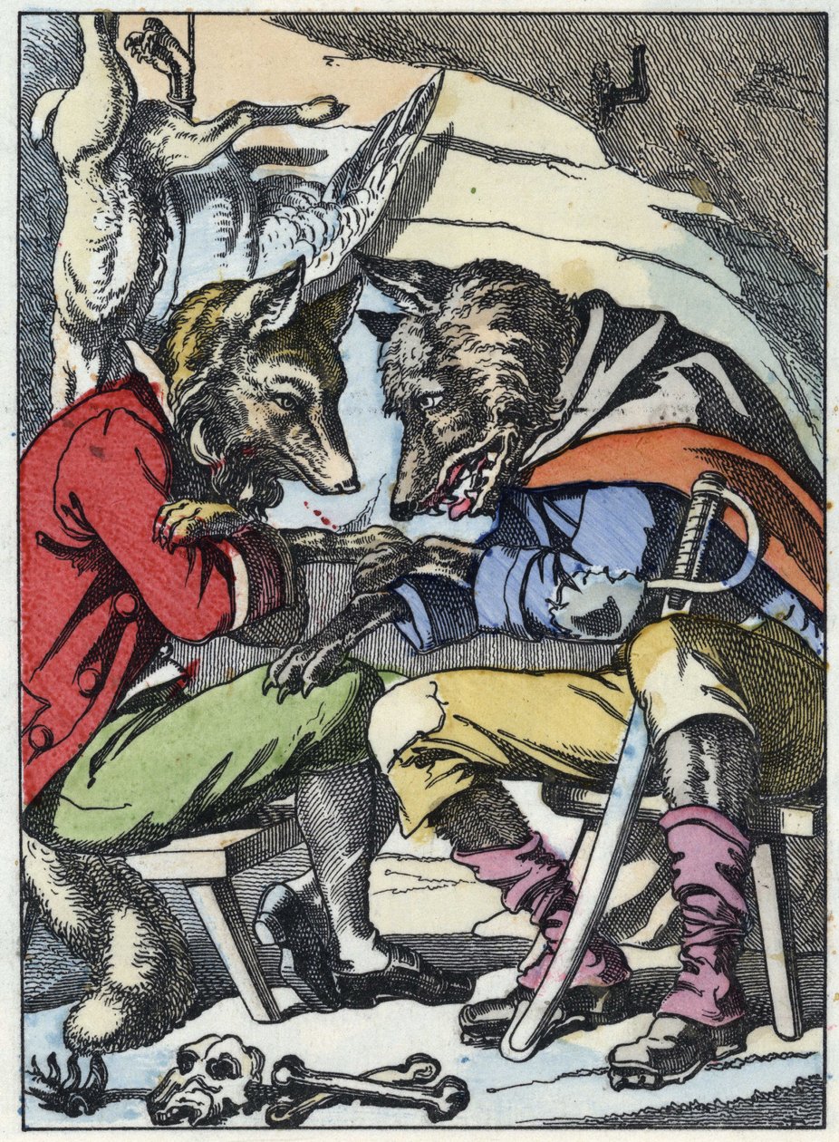 Conversa entre o lobo e a raposa. Ilustração do conto "Compere le Loup, Maitre Renard, Comere la Chevre et ses petits biquets" depois de uma fábula de Jean de la Fontaine. Em "Contos da casa para os pequenos". Gravação anónima dos de Unknown artist
