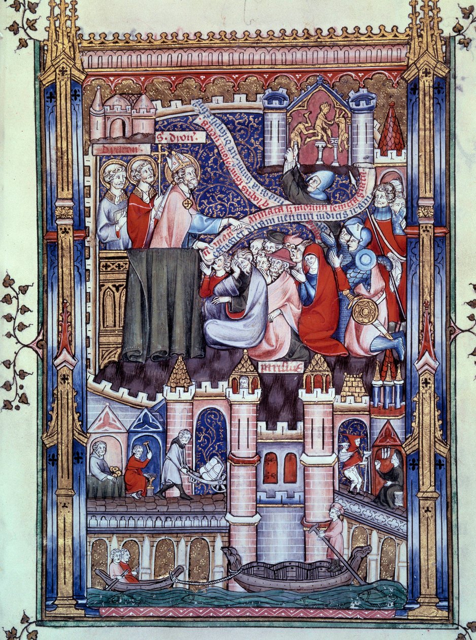 Conversão dos parisienses: numa ponte de Paris, onde se encontram lojas de ourivesaria, os parisienses quebram ídolos em ouro. Miniatura do manuscrito "Vida de São Denis" de Yves, monge de Saint-Denis de Unknown artist