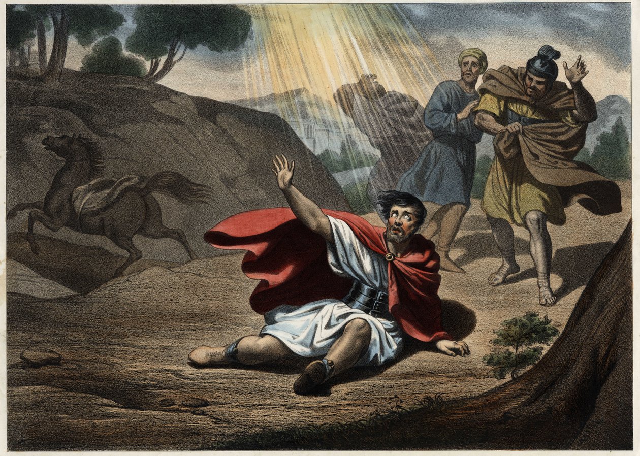 Conversão de St. Paul. A visão de Cristo a caminho de Damasco, depois da qual São Paulo se converteu ao cristianismo com o qual tinha lutado até então. Gravura anónima de meados do século XIX. de Unknown artist