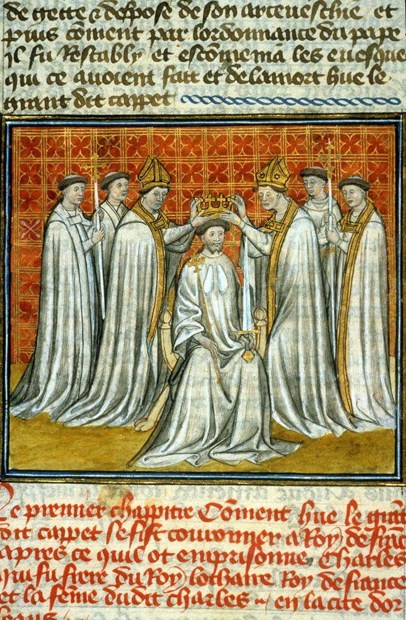 Coroação de Hugues Capet (987) por Adalberon (ca. 925-990), Arcebispo de Reims - Iluminação de manuscrito sobre velino da Idade Média "Grandes Crónicas de Saint-Denis" finais do século XIV (ref.512 de Unknown artist