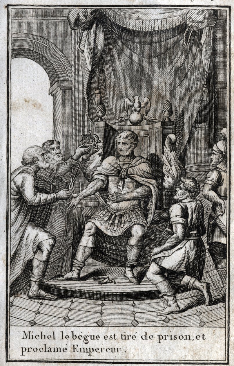 Coroação de Miguel II o Amoriano (o Begue) (770-829) como imperador bizantino após a sua libertação da prisão em 820. Ele é o fundador da dinastia amoriana. Gravura em "Beaute de l