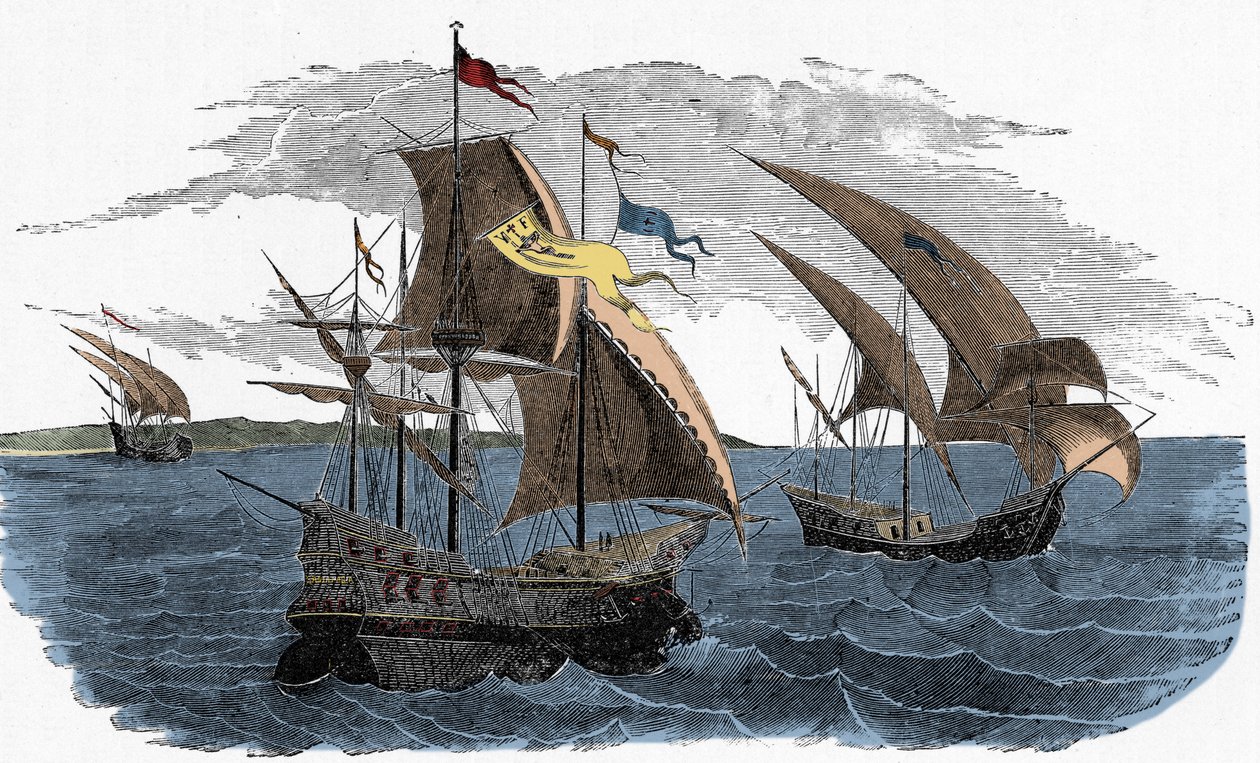 Frota de Cortez veleja para o México - Colonização espanhola das Américas: a armada de Hernan Cortes (cerca de 1485-1547) navega para o México de Unknown artist