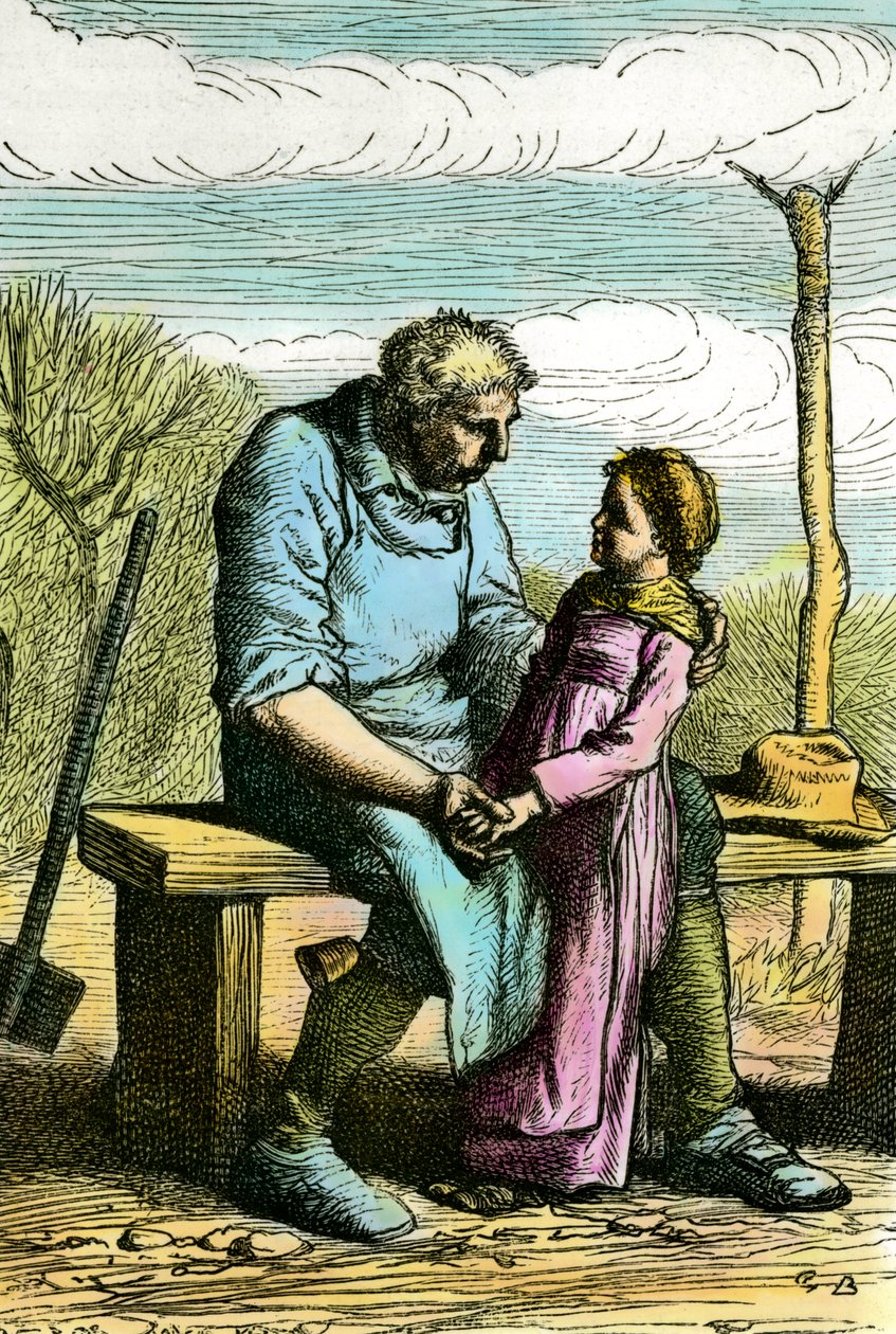 Cosette e Jean Valjean. Ilustração para o romance "Les miserables" de Victor Hugo (1802-1885) Gravura de 1865 Coleção particular de Unknown artist
