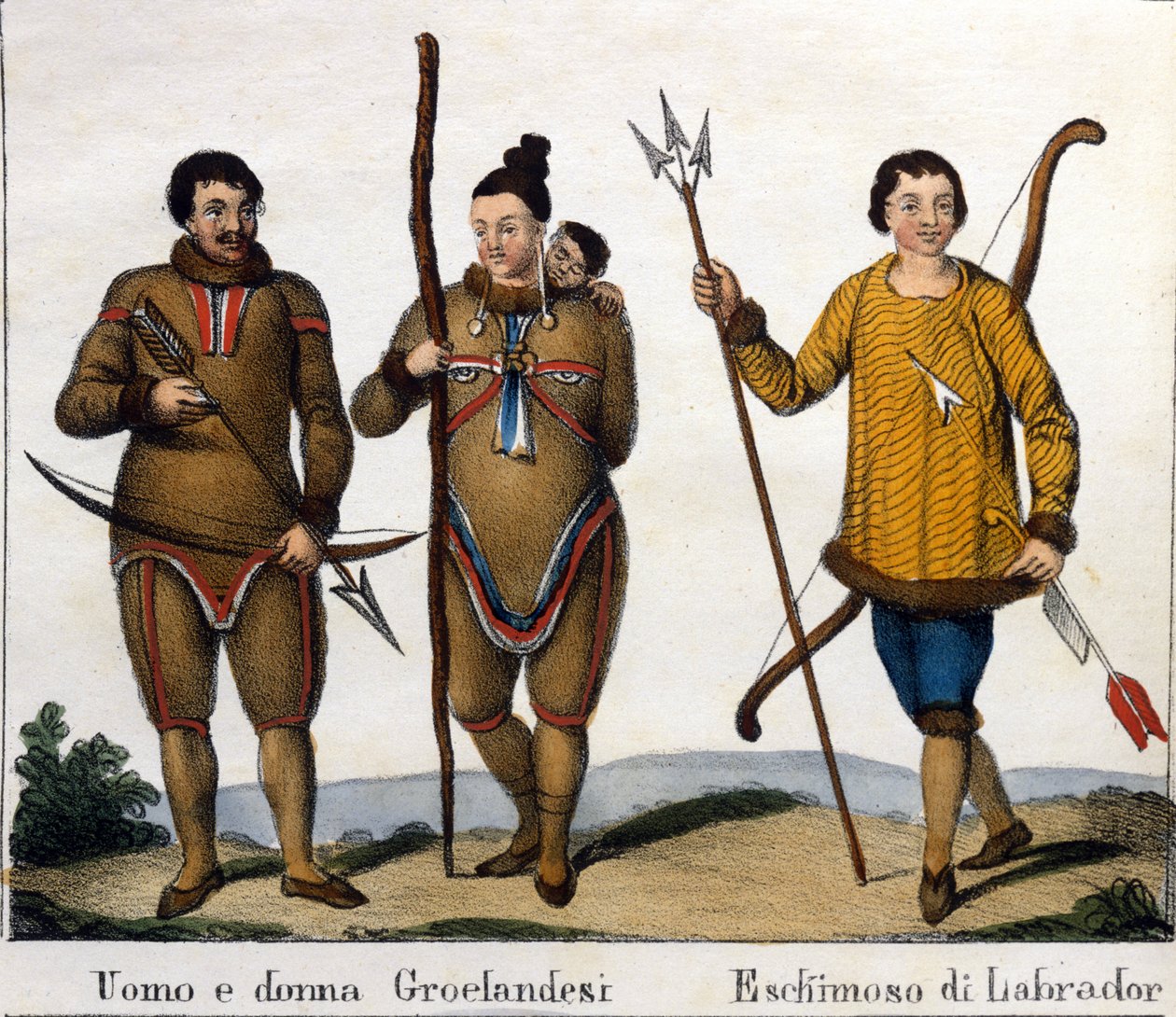 Fantasia. Esquerda: Casal de esquimós da Gronelândia com o seu filho. Direita: Labrador esquimó. Litografia do início do século XIX. de Unknown artist