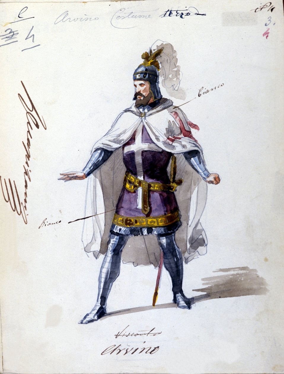 Traje para a ópera "I Lombardi" ou "Les Lombards à la première Crusade" composta por Giuseppe Verdi (1813 - 1901) em 1843. Desenho anônimo em aquarela. Personagem de Alvino para a apresentação no Scala em Milão. de Unknown artist