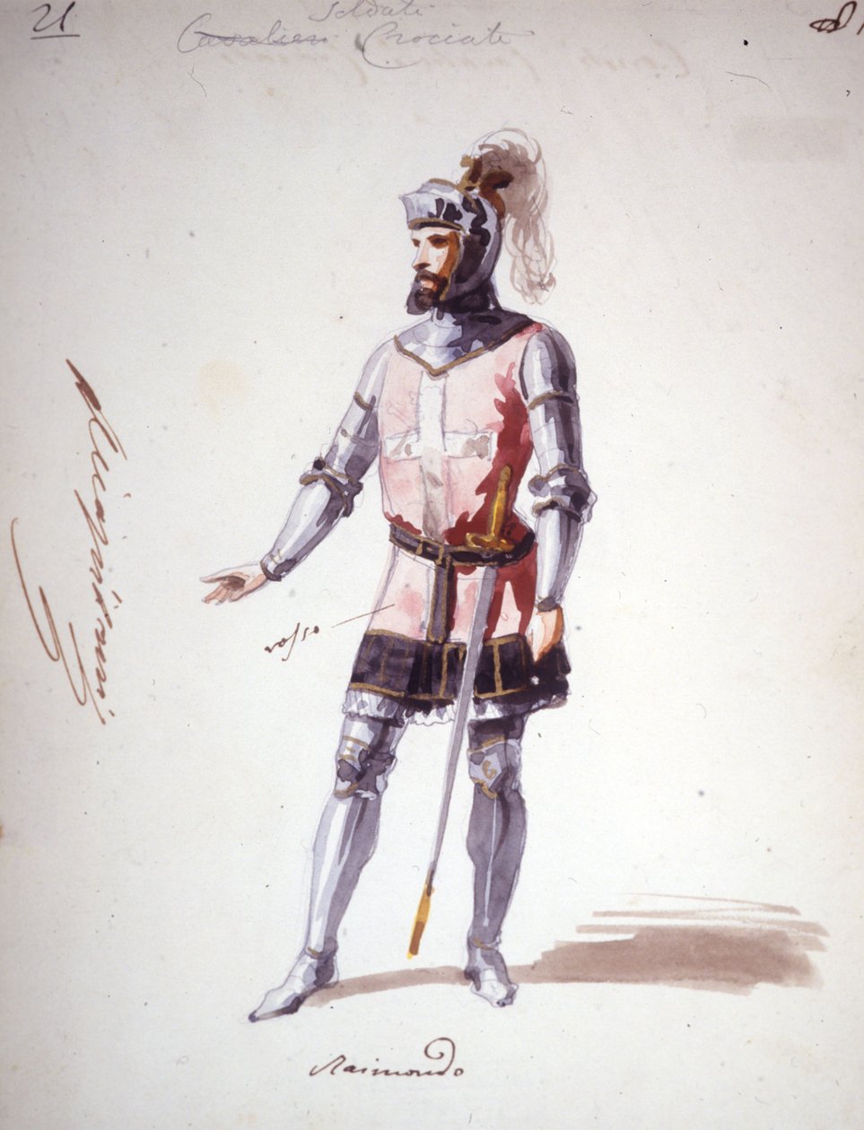 Traje para a ópera "I Lombardi" ou "Les Lombards à la première Crusade" composta por Giuseppe Verdi (1813 - 1901) em 1843. Desenho anônimo em aquarela. Personagem de Raimondo para a apresentação no Scala de Milão. de Unknown artist