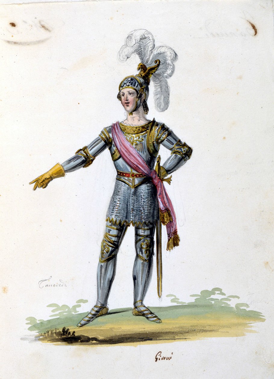 Traje para o personagem de Tancrede desenha de Gironi para a ópera "Tancredi" (Tancredo) de Gioacchino Rossini. 1813 de Unknown artist
