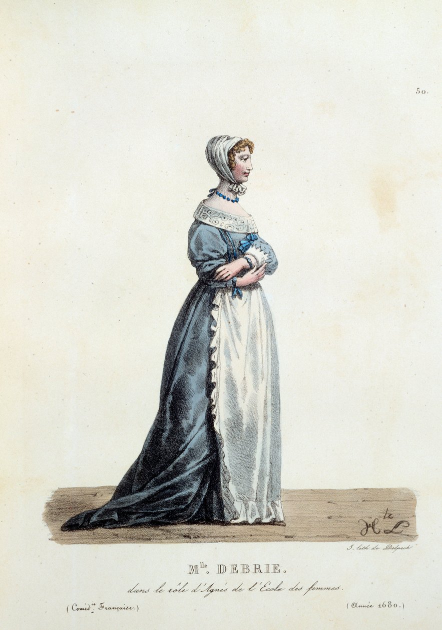 Traje da Srta. Debrie no papel de Agnes da "Escola de Mulheres" de Moliere em 1680. Traje de comédia francesa de Hippolyte Lecomte (1781-1857). Gravura do século XIX. Coll. Vamos. de Unknown artist