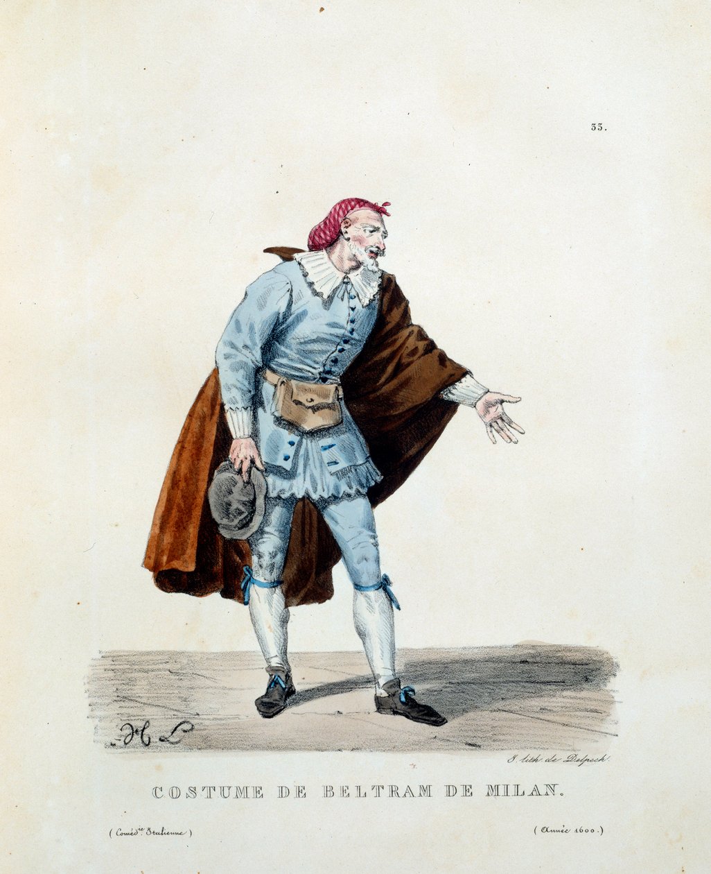 Traje de Niccolo Barbieri, conhecido como Beltrame de Milão (falecido em 1641) em 1600. Figurino da comédia italiana (commedia dell