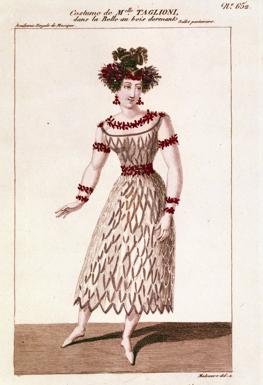 Traje da bailarina Maria Taglioni (1804-1884) no balé "Bela Adormecida" de Piotr ou Petr Ilyich Tchaikovsky (ou Tchaikovsky ou Ciajkovskij ou Tchaikowsky de Unknown artist