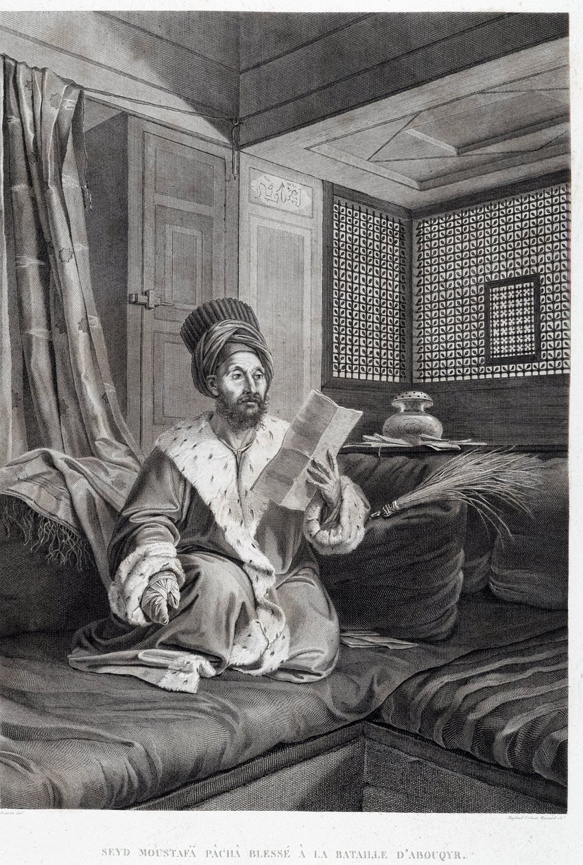 Fantasias e Retratos: Seyd Moustafa Pasha ferido na Batalha de Abouqyr (Aboukir) em "Descrição do Egito", Editora Imperial de Unknown artist