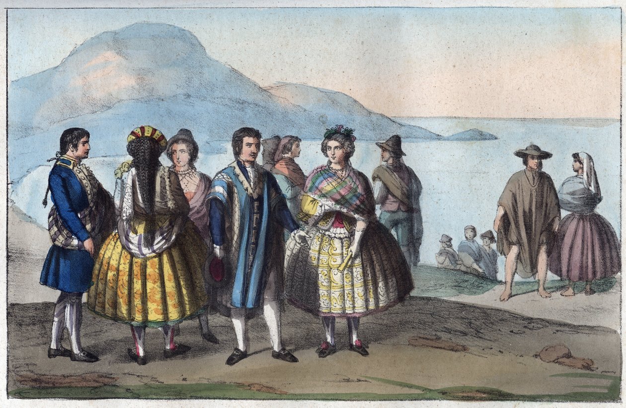 Fantasias do povo de Concepción, Chile - gravura de "Usos e costumes de todos os povos do Universo". Ou melhor, a história do governo, das leis, das milícias, da religião de todas as nações desde os tempos mais remotos até aos nossos dias" 1856 de Unknown artist