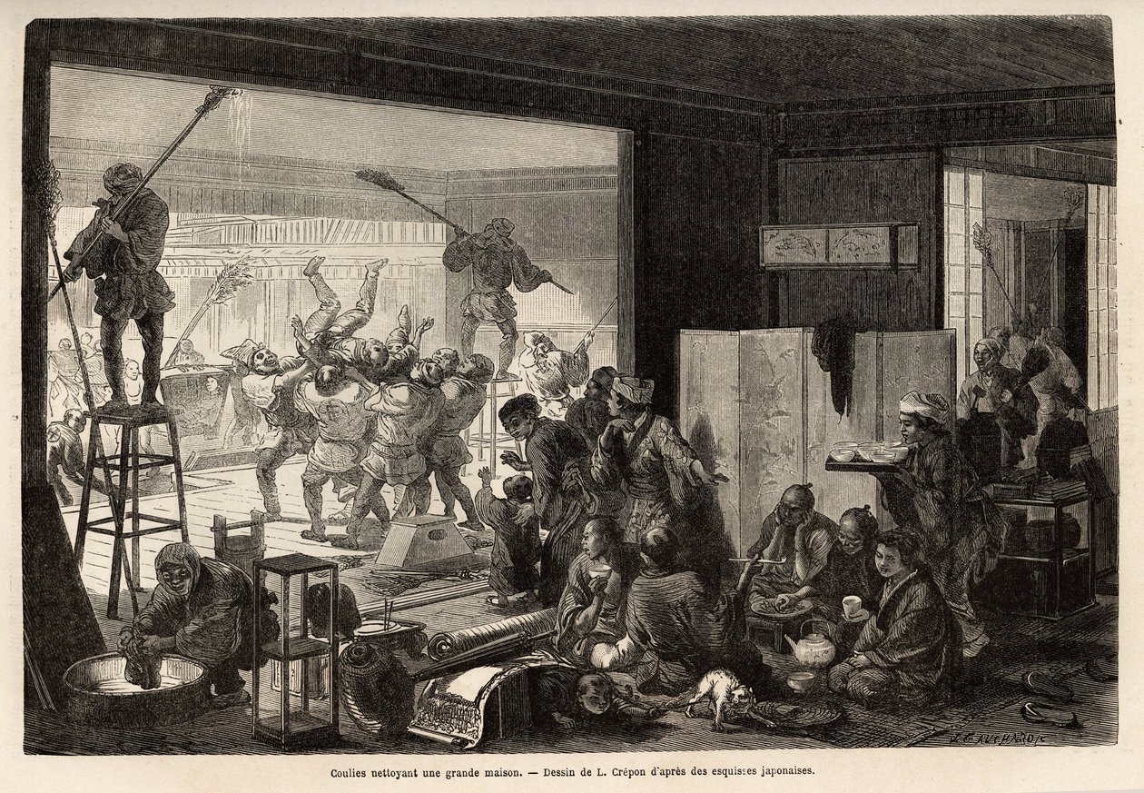 Coulies (criados) limpando uma casa grande, para os preparativos do Ano Novo, este menage termina com manifestações alegres e grotescas: remoção daquele que cumpriu mal a sua tarefa. Gravura para ilustrar a viagem ao Japão, de Aime Humbert, ministro de Unknown artist