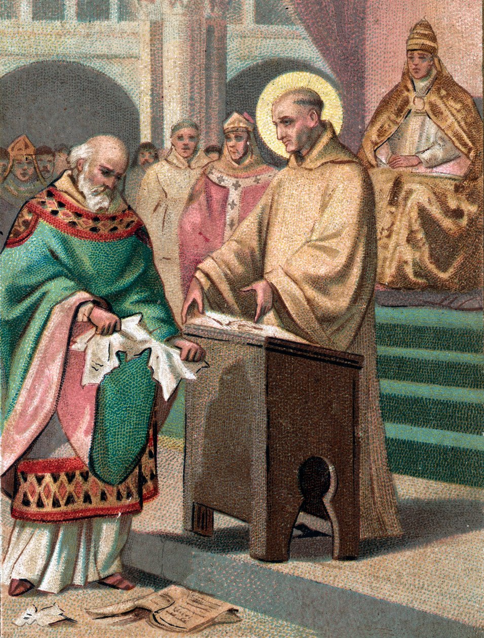 Conselho de Reims em 1148: São Bernardo de Clairvaux (1090-1153) (San Bernardo di Chiaravalle) acusou Gilbert de la Porree, eveque de Poitiers, de heresia - Cromolitografia do final do século XIX de Unknown artist