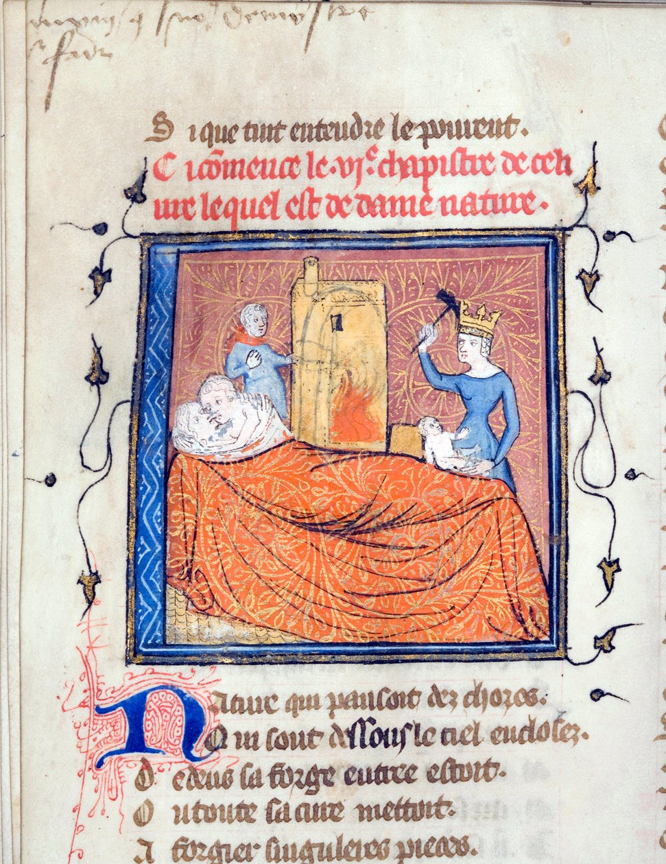 "Casal abraçado numa cama, uma rainha mata uma criança e outra personagem incendeia uma casa" Página iluminada do manuscrito "Le Roman de la Rose" de Guillaume de Lorris (c. 1200-1238) e Jean de Meun (Meung) (1240-1305) c. 1365 Universidade de Paris de Unknown artist