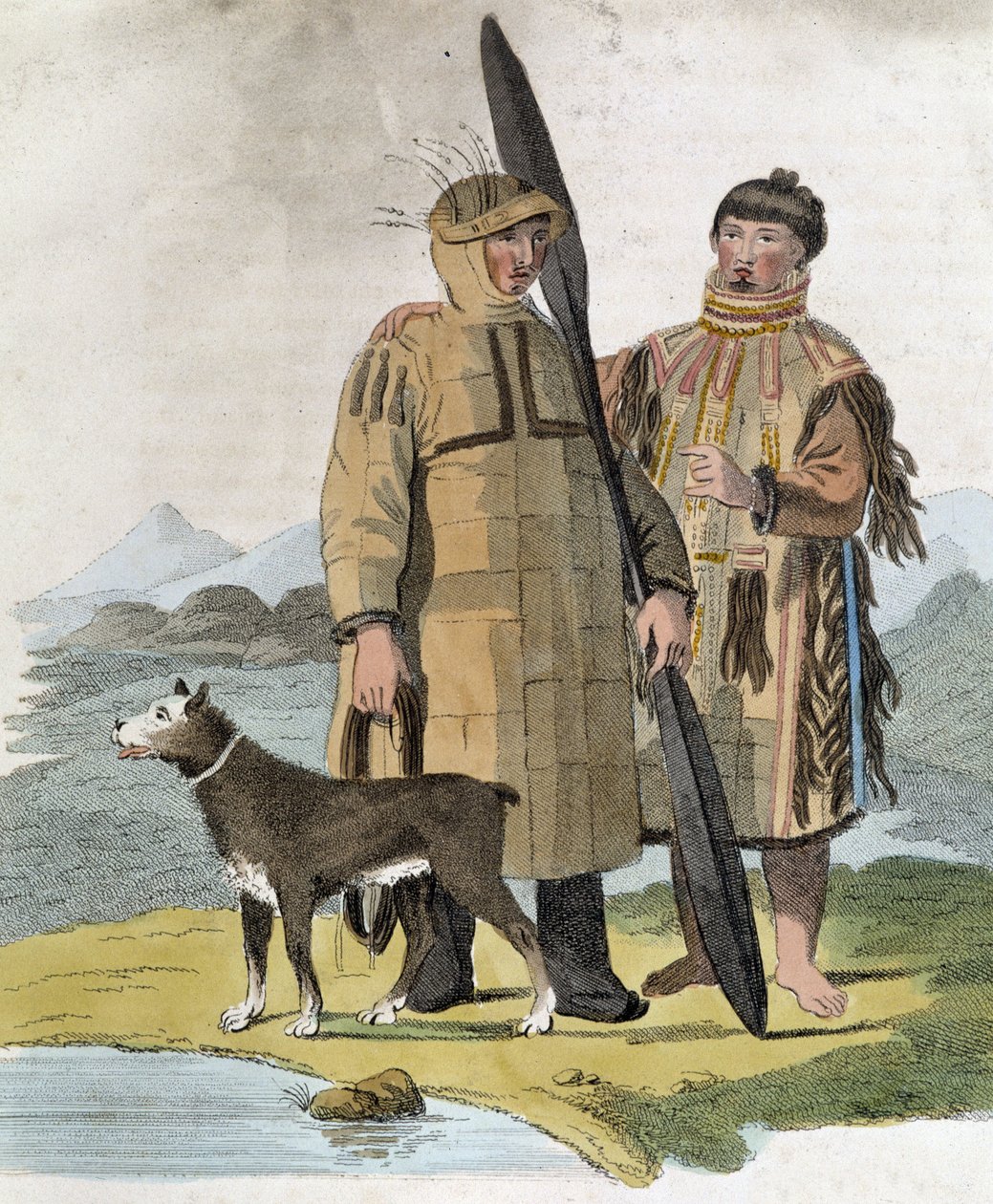Casal de uma província russa e seu cão - gravura de Unknown artist
