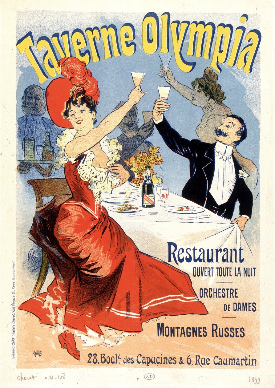 Brinde de casal com champanhe - Cartaz publicitário para a Taverna Olímpia, de Jules Cheret, final do século XIX de Unknown artist
