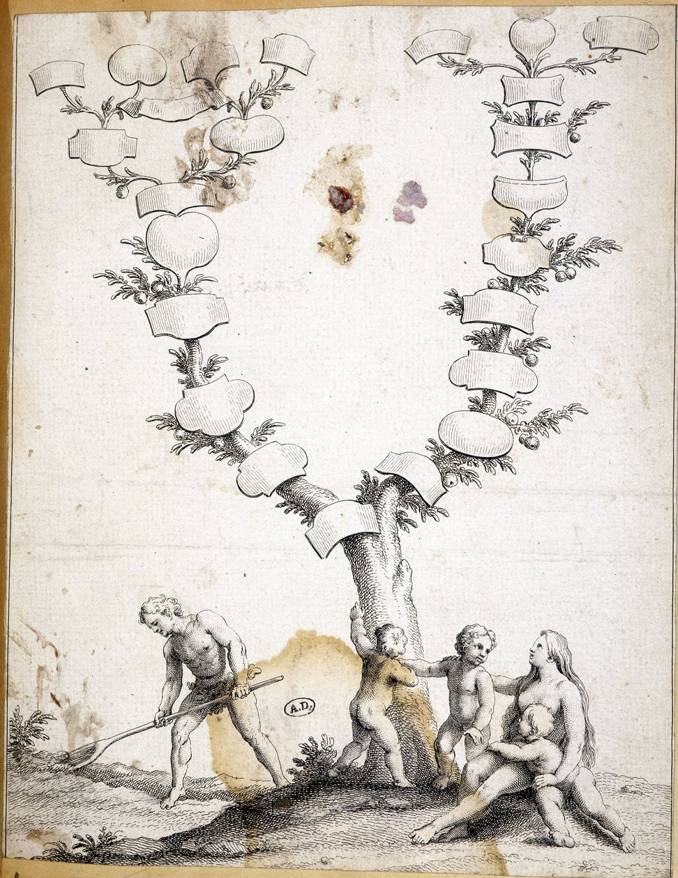 Casal com filhos aos pés de uma árvore genealógica virgem - gravura de Unknown artist