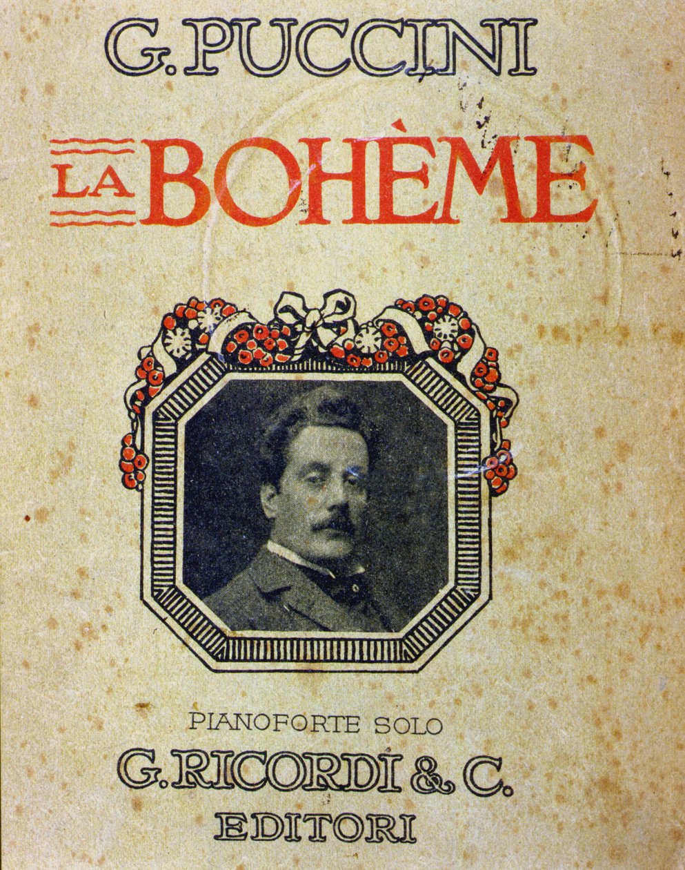 Capa da partitura "La Bohème" de Puccini (1858-1924) com o seu retrato. de Unknown artist
