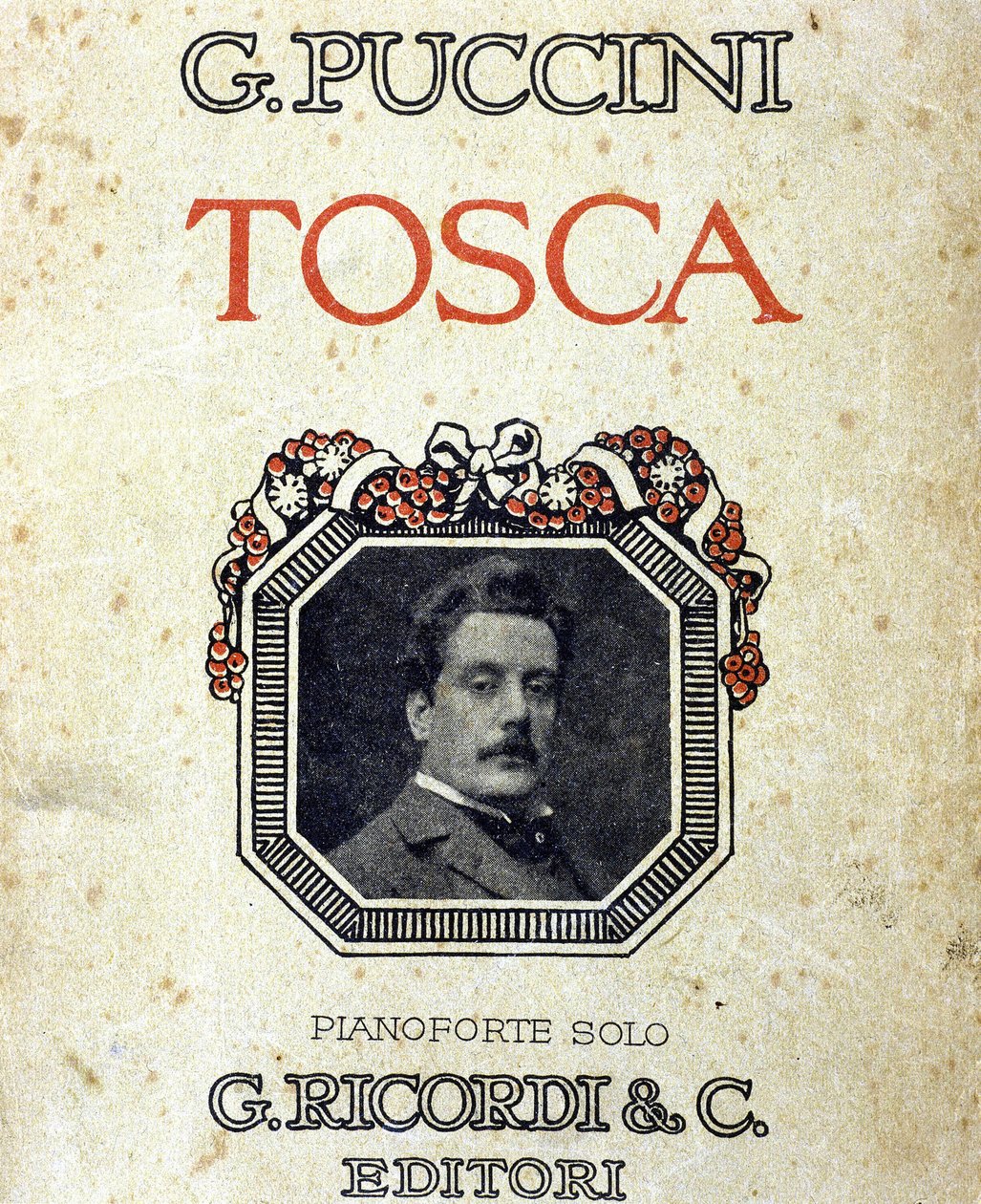 Capa da partitura "Tosca" de Giacomo Puccini (1858-1924) com o seu retrato. de Unknown artist