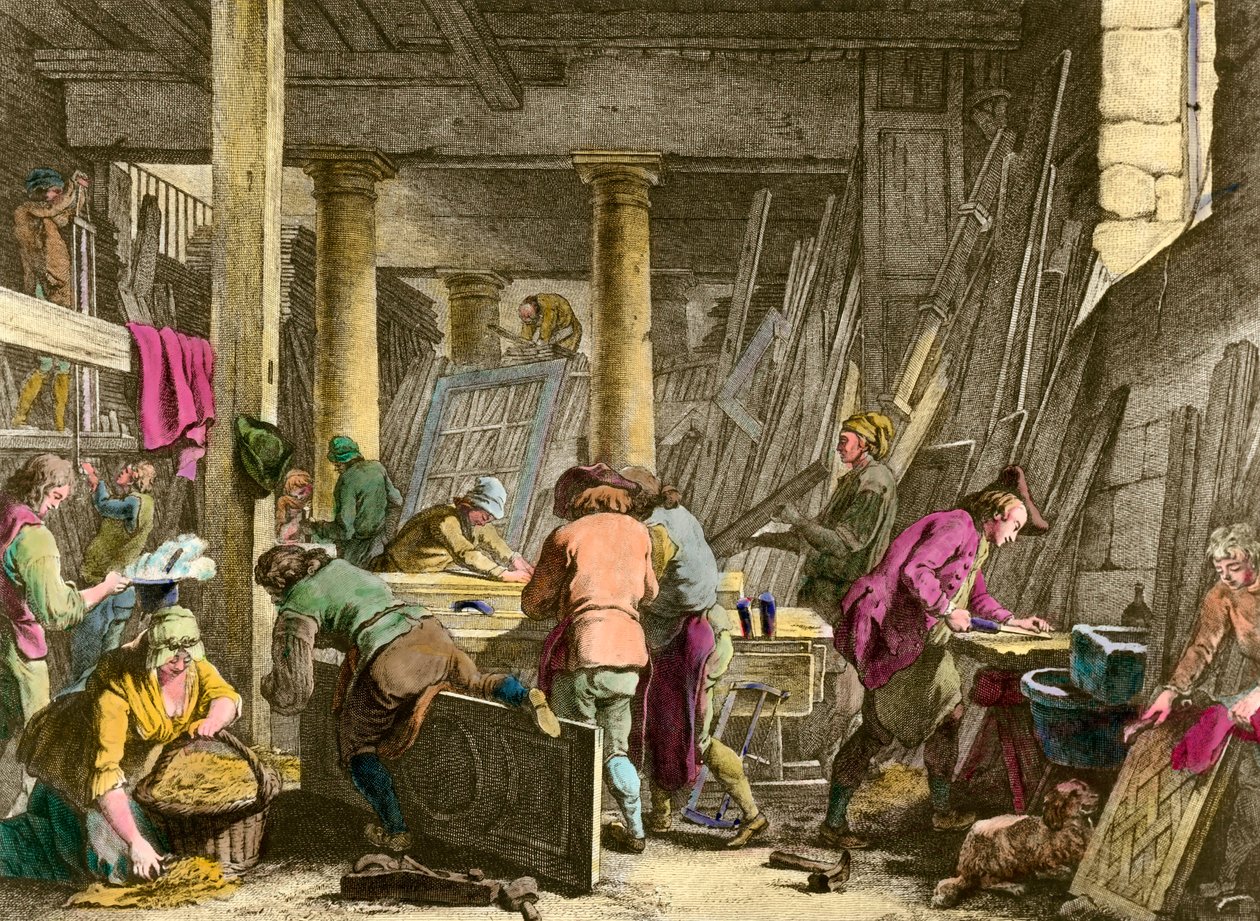 Artesanato: "Oficina do carpinteiro Sieur Jadot" Trabalhadores no trabalho no século XVIII. Gravura do século XIX. Colecção privada de Unknown artist