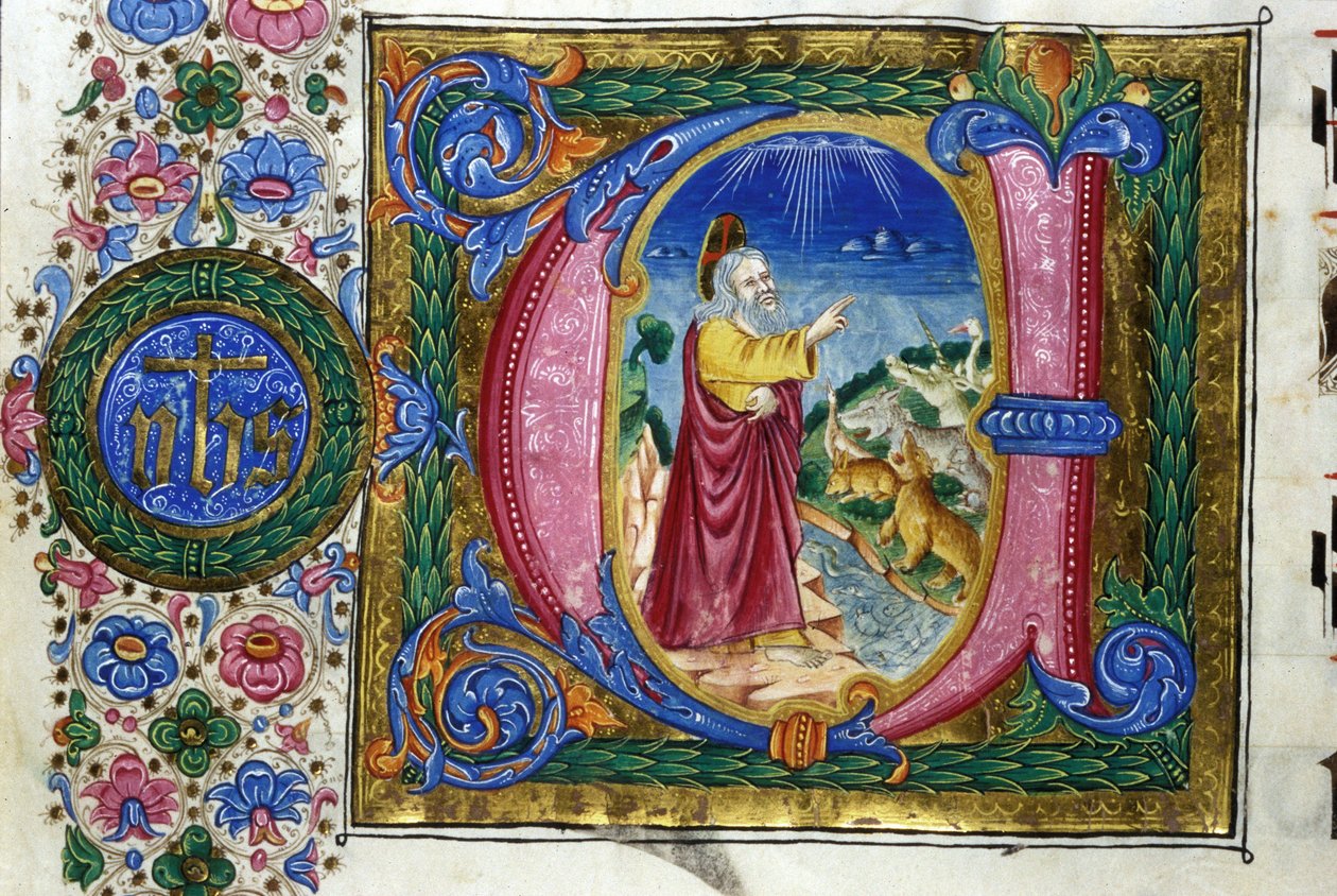A criação: Deus perante as criaturas da Terra. Manuscrito do século XV. Bíblia. Nazionale Braidense, Milão. de Unknown artist