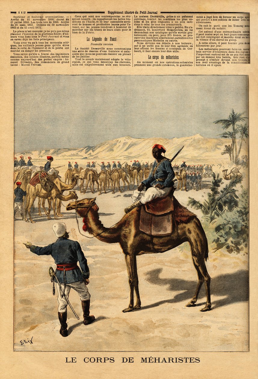 Criação de um corpo especial de Meharists para a conquete francesa do Sudão, a fim de lutar contra os tuaregues. Meharis, pode ficar uma semana sem comer, trotar à velocidade de um cavalo galopante, pode viajar mais de 100 quilómetros por dia, e eles são de Unknown artist