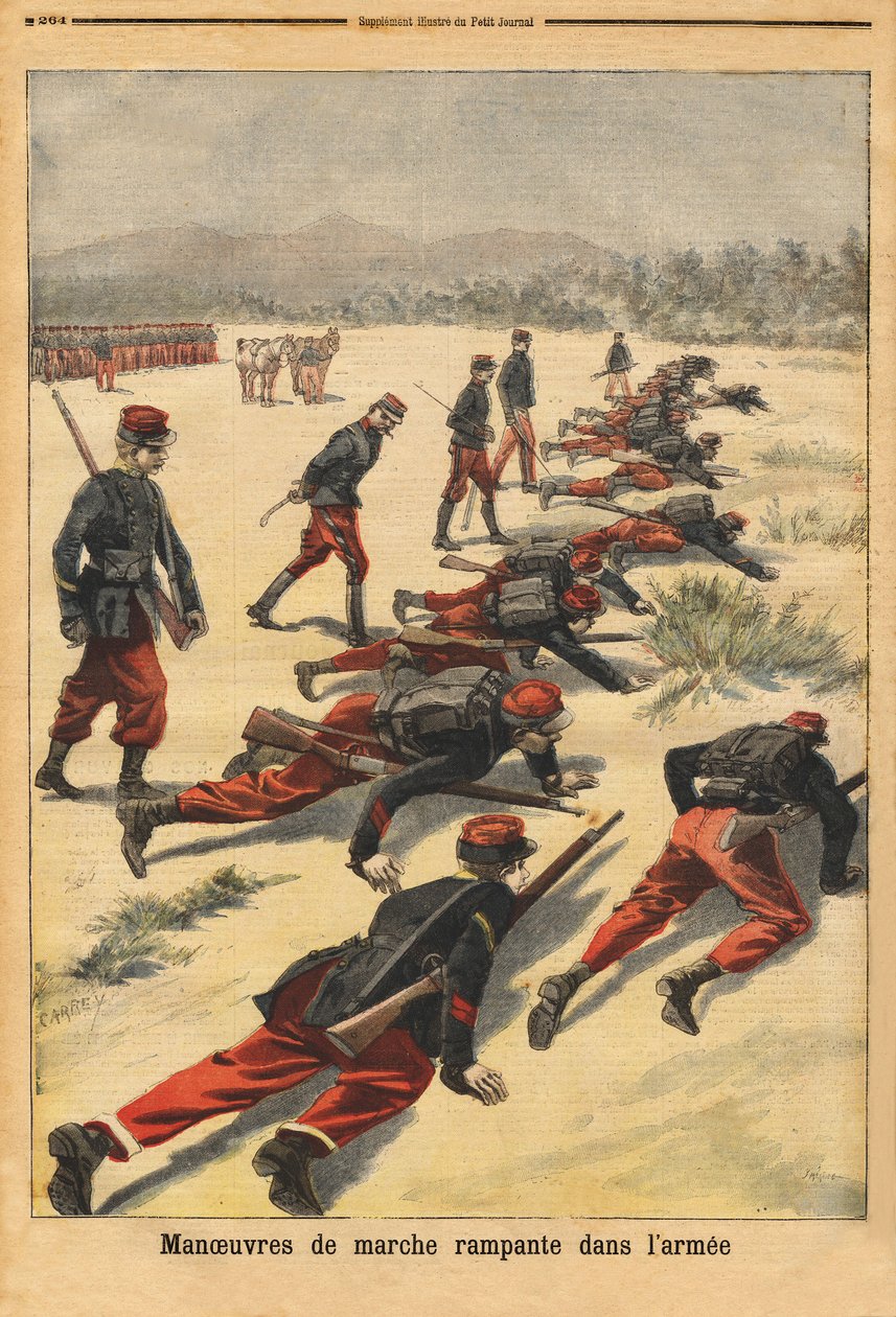Manobras rastejantes de caminhada no exército, experimentação com novas pulseiras de tampões, que protegem a palma das mãos. Gravação no "Le petit journal" 16/08/1896. Coleção da Selva. de Unknown artist