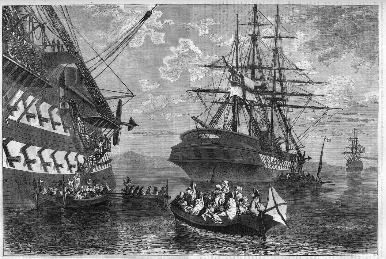 Revolta cretense de 1866-1869 (insurreição da ilha de Creta contra o Império Otomano): Famílias cretenses à procura de asilo em navios de poderes neutros. Gravura em "L