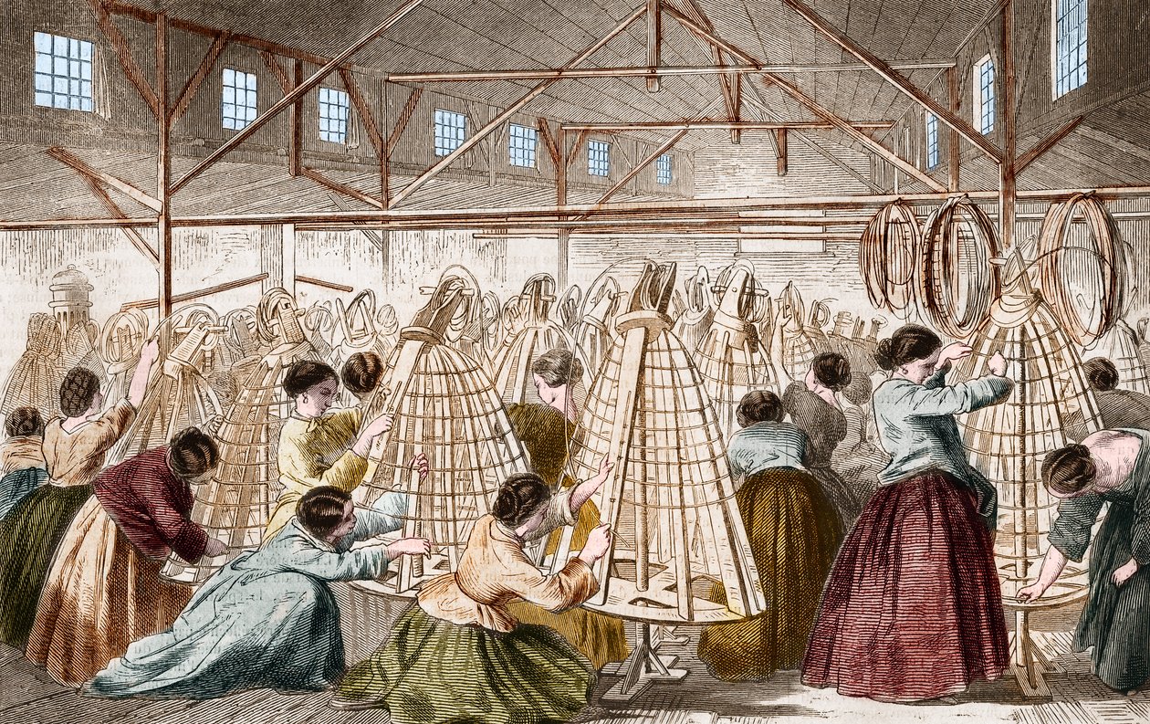 Fábricas de crinolinas: aros de assentamento. Gravura de 1865. de Unknown artist