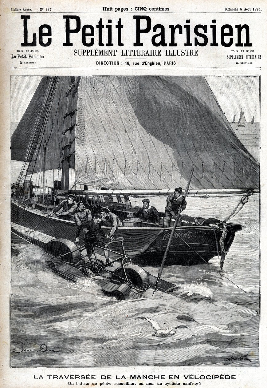 Atravessando a manga em velocipede: um barco de pesca recolhe Georges Pinkert no mar que tinha feito a aposta de atravessar a manga com o velocipede da água que ele tinha inventado. Gravura no "Le Parisien". de Unknown artist