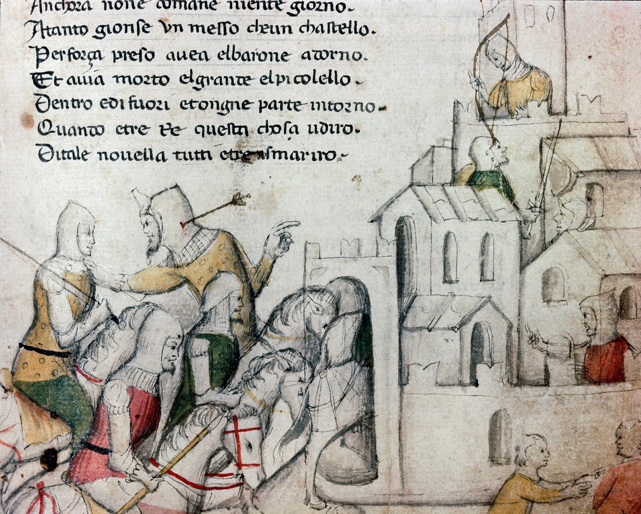Cruzamentos atacando uma fortaleza moura Ilustração para o poema toscano "Febusso e Breusso" Manuscrito MS.B.R.45. Florença do século XV, Nazionale Biblioteca de Unknown artist