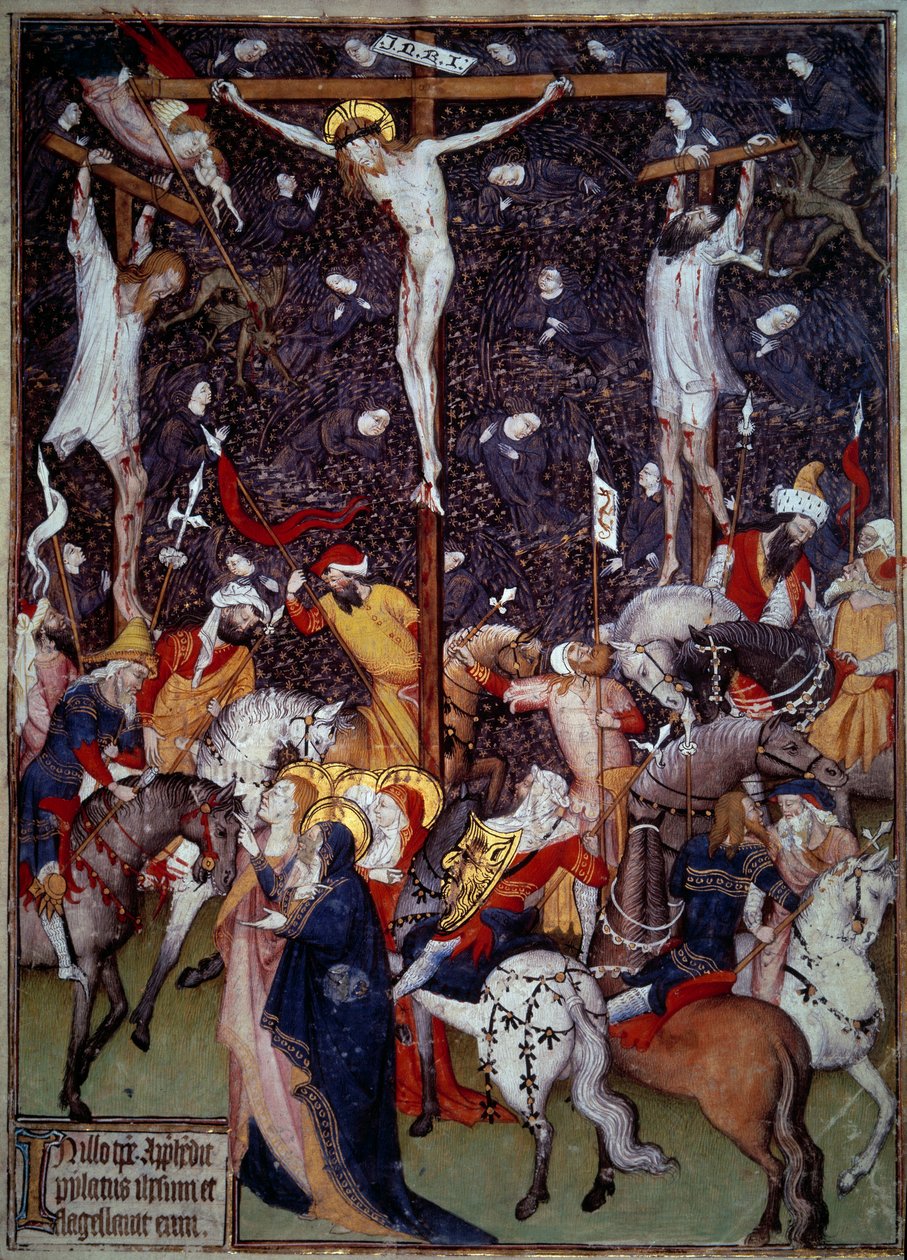 Crucificação. Anjos negros voam à volta dos corpos dos condenados. Romanos a cavalo dão a volta à cruz para contemplar a cena. Miniatura de um manuscrito do século XV. Paris, B.N. de Unknown artist