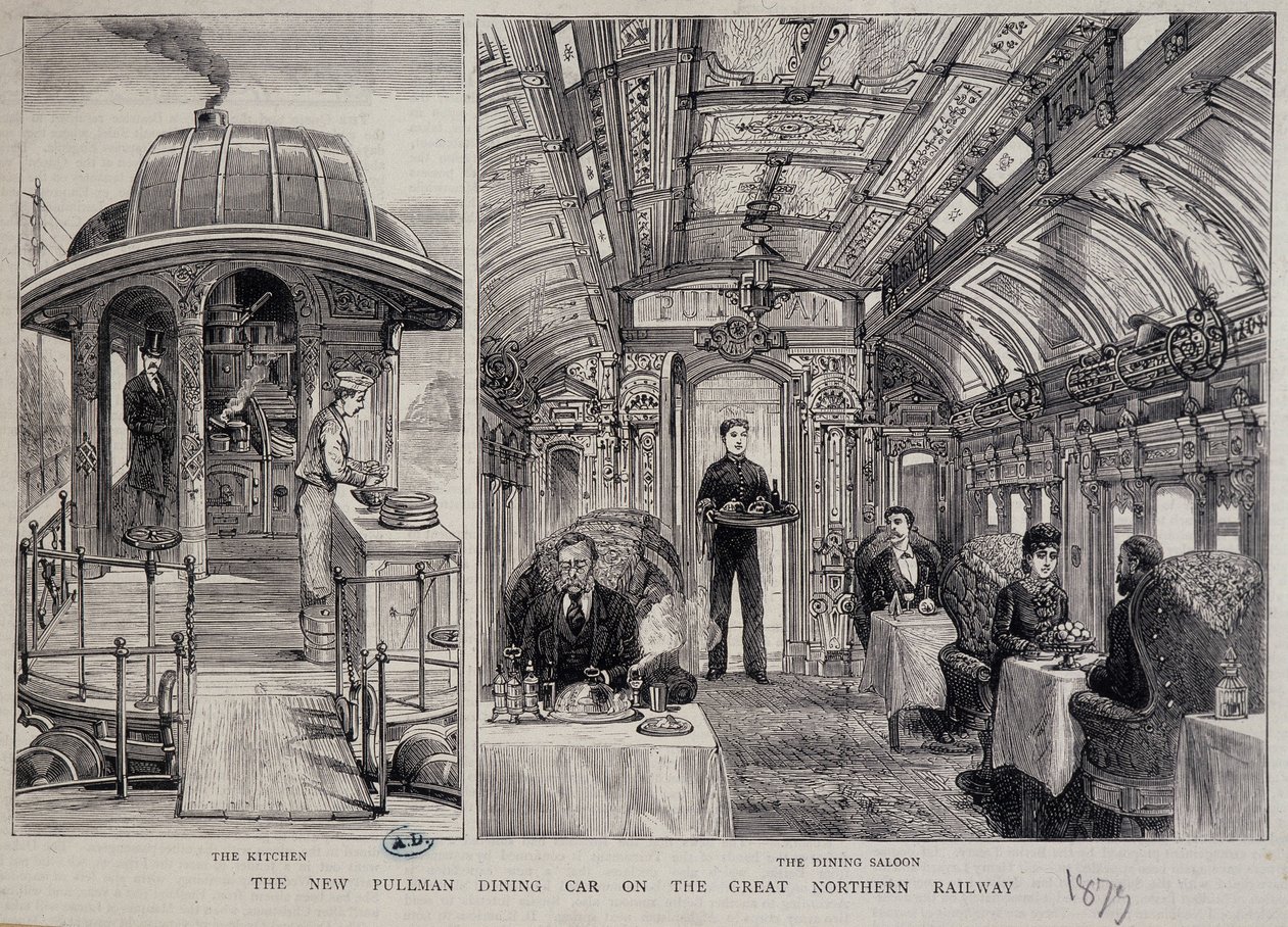 Cozinha e restaurante de uma carroça Pullman - gravura de Unknown artist