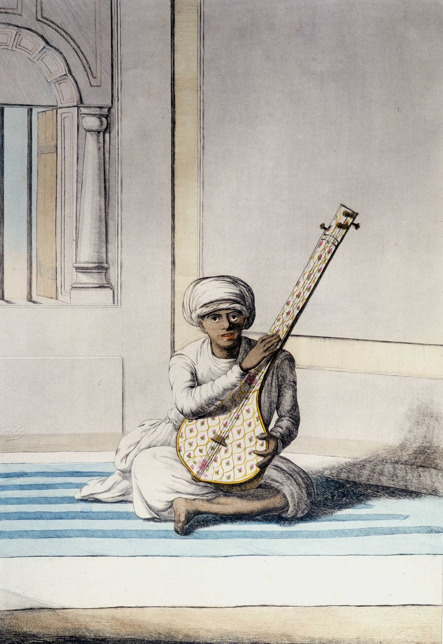 Cultura, civilização e sociedade indiana: Músico tocando Thambourah (Tamboura), instrumento tradicional da Índia. Gravura 1808. de Unknown artist