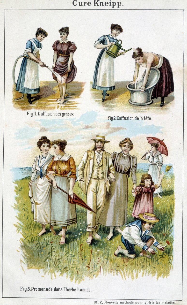 Cure Kneipp: afusão dos joelhos, afusão da cabeça, caminhada na grama molhada - em "Bilz, Medicação Natural", final do século XIX de Unknown artist