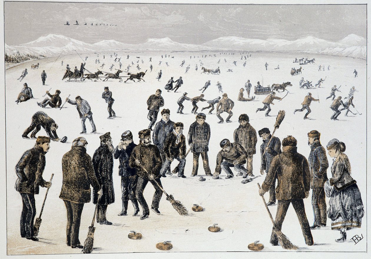 Curling em um lago congelado perto de Halifax, Nova Escócia - em "Sketches of canadian sports and pastimes" por Lieut. Henry Buckton Laurence de Unknown artist