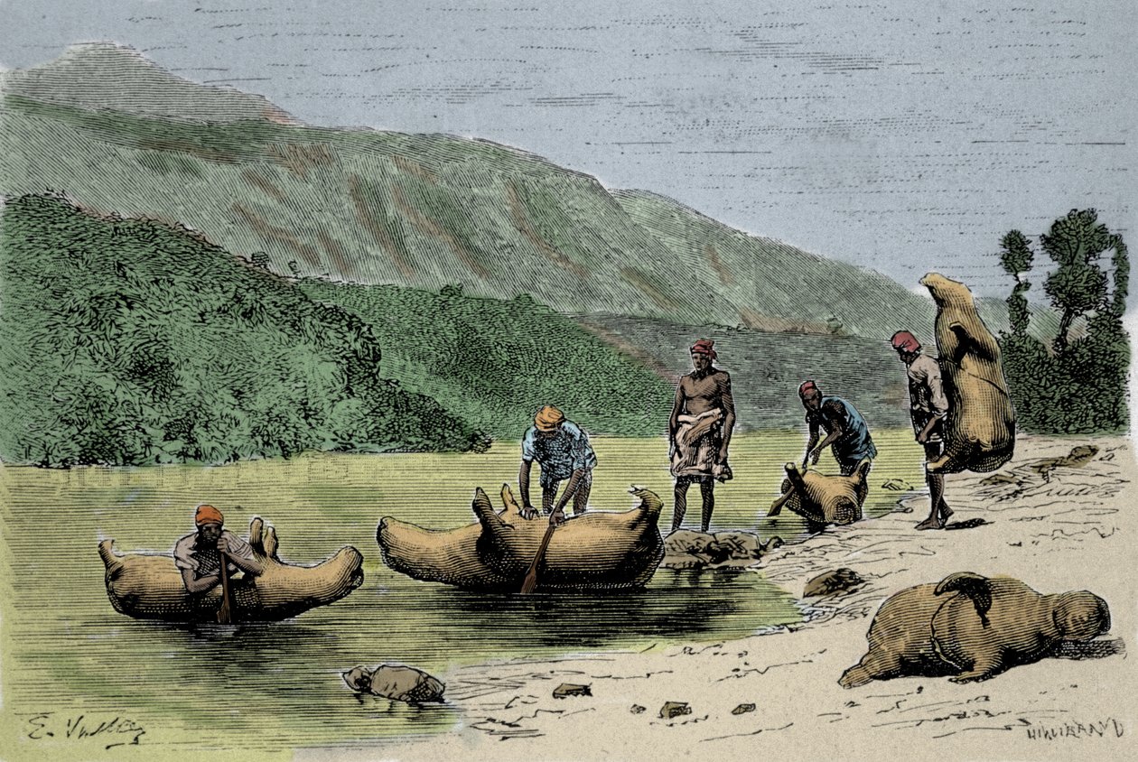 Costumes e métodos de transporte: peles de animais inflados utilizados para atravessar rios. Gravura do século XIX de Unknown artist