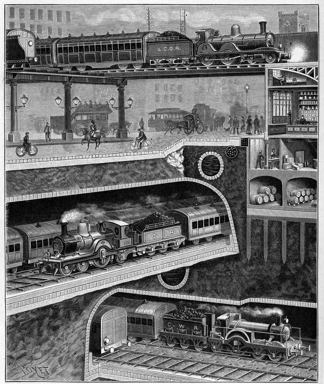 Cortou uma rua de Londres para Inglaterra em 1898. Gravura de 1898. em "La Nature". Revisão das ciências e suas aplicações às artes e à indústria". de Unknown artist