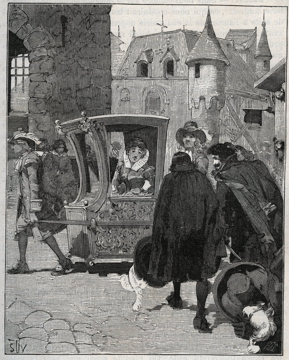 Cutelaria: barqueiros rodeiam a cadeira de Marie de Rabutin-Chantal (Rabutin Chantal), Marquise de Sevigne dit Madame de Sevigne (1626-1696) para lhe vender facas quando chegou a Nogent (Haute Marne) em 1675. Gravura a partir de 1885 em "Les arts et metier de Unknown artist