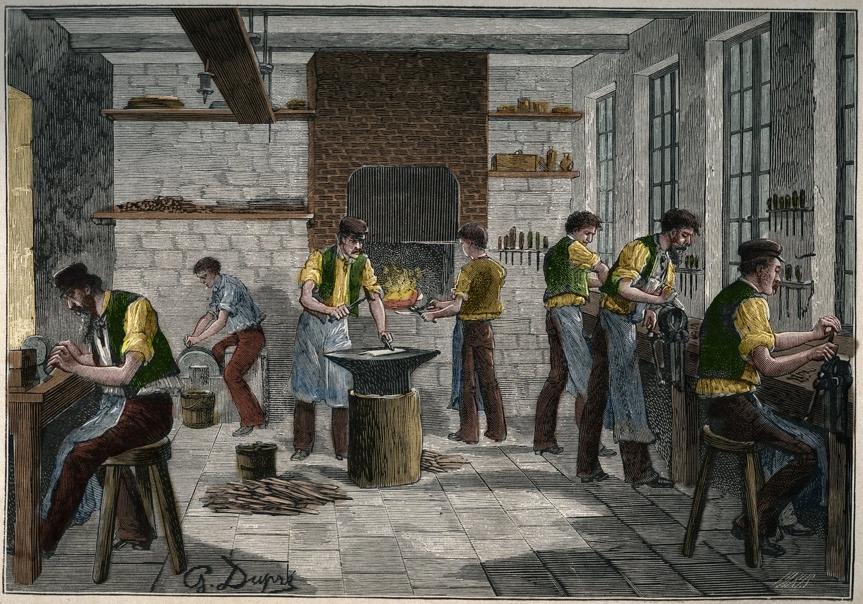 Oficina de cutelaria em França, no século XIX. Gravura a partir de 1885 em "Les arts et metiers illustres" de Adolphe BITARD. de Unknown artist