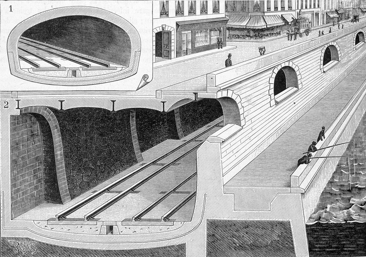 Corte da via nas partes do túnel (trazendo comboios para a estação de Orleães) com chão de ferro a suportar directamente a faixa de rodagem - em "La Nature". de Unknown artist