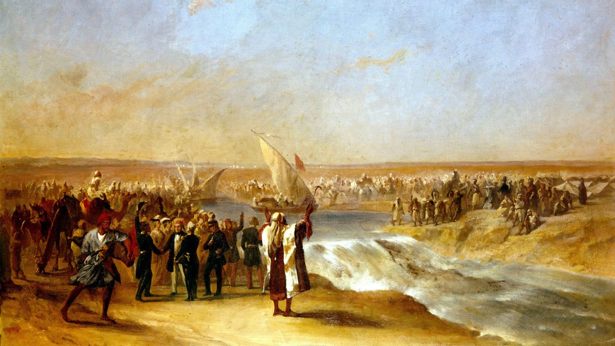 Cortando a seção final da bacia na planície de Suez por Sua Excelência Ali Pascha em 15 de agosto de 1869 de Unknown