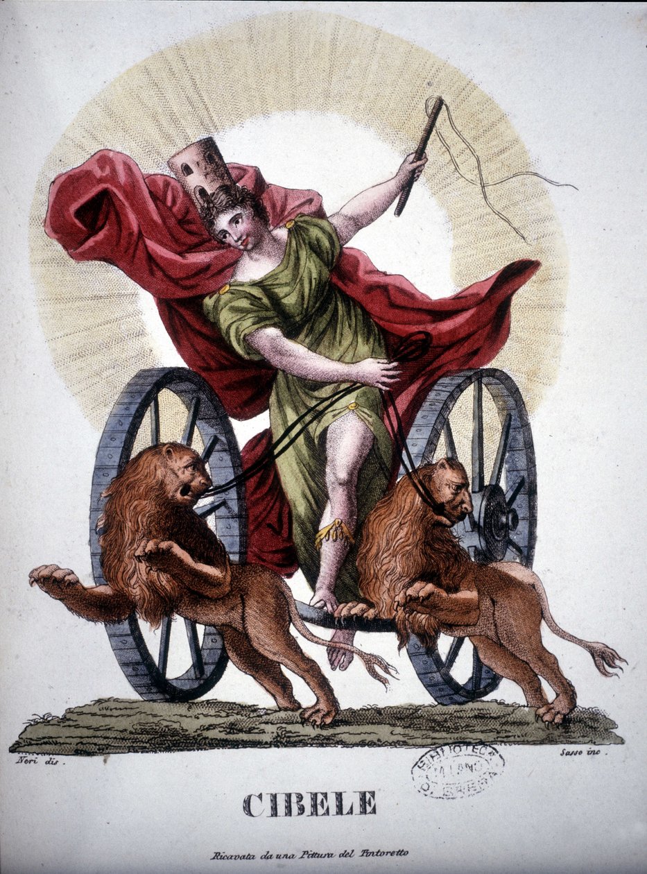 Cybele, divindade personificando o poder reprodutivo da Natureza - em "Dizionario mitologico", gravura do século XIX depois de uma pintura de Tintoretto, Bibl. di Brera, Milão. de Unknown artist