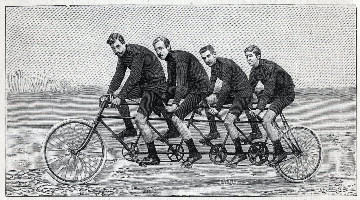 Ciclista em uma bicicleta chamada "quadruplette gladiador". Gravura em "La Nature". de Unknown artist