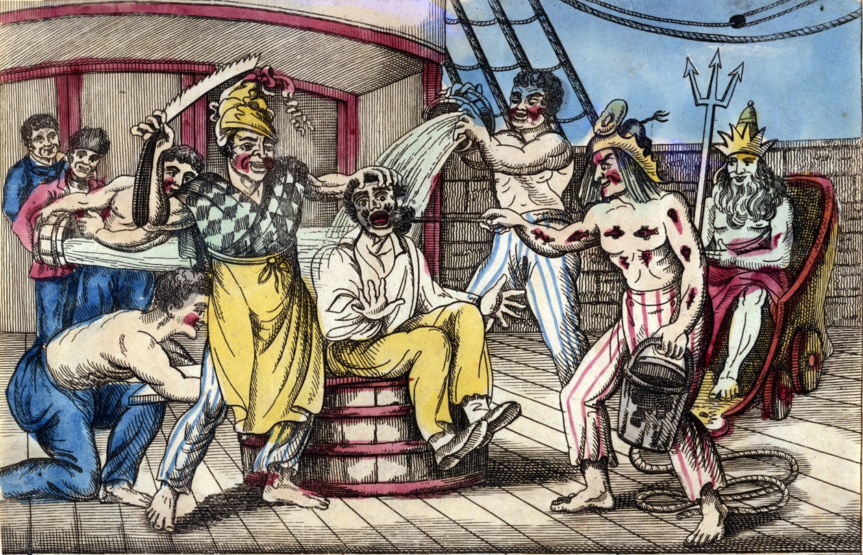 O quotidiano a bordo de navios de guerra: cena de praxe durante a passagem do Equador. Os marinheiros que passam pelo Equador pela primeira vez estão sujeitos a todo tipo de brincadeiras por parte do resto da tripulação. Impressão popular do início do sécu de Unknown artist