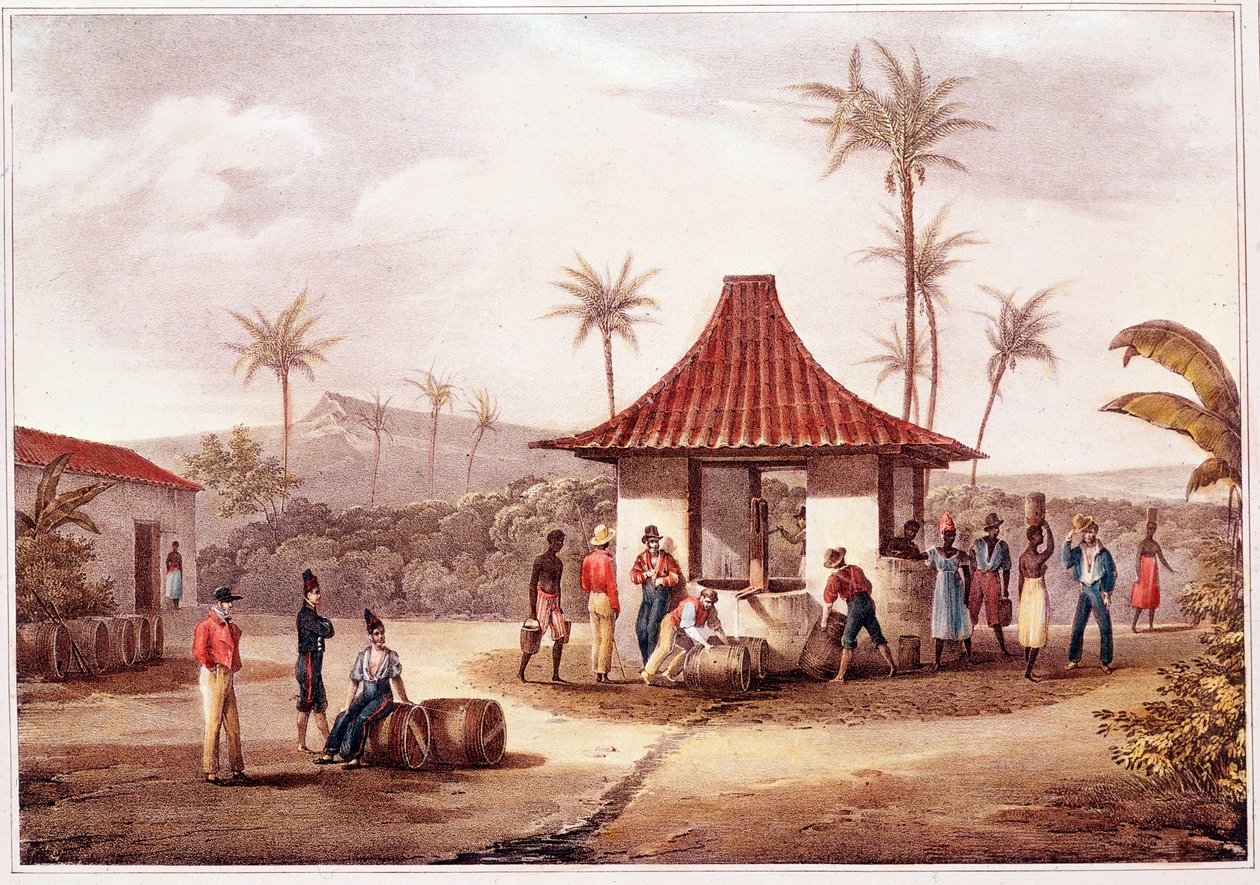 Vida quotidiana em Cabo Verde (Cabo Verde) Moradores de uma travessia de aldeia na fonte. Litografia do século XIX. Arquivo Histórico de Lisboa de Outremer de Unknown artist