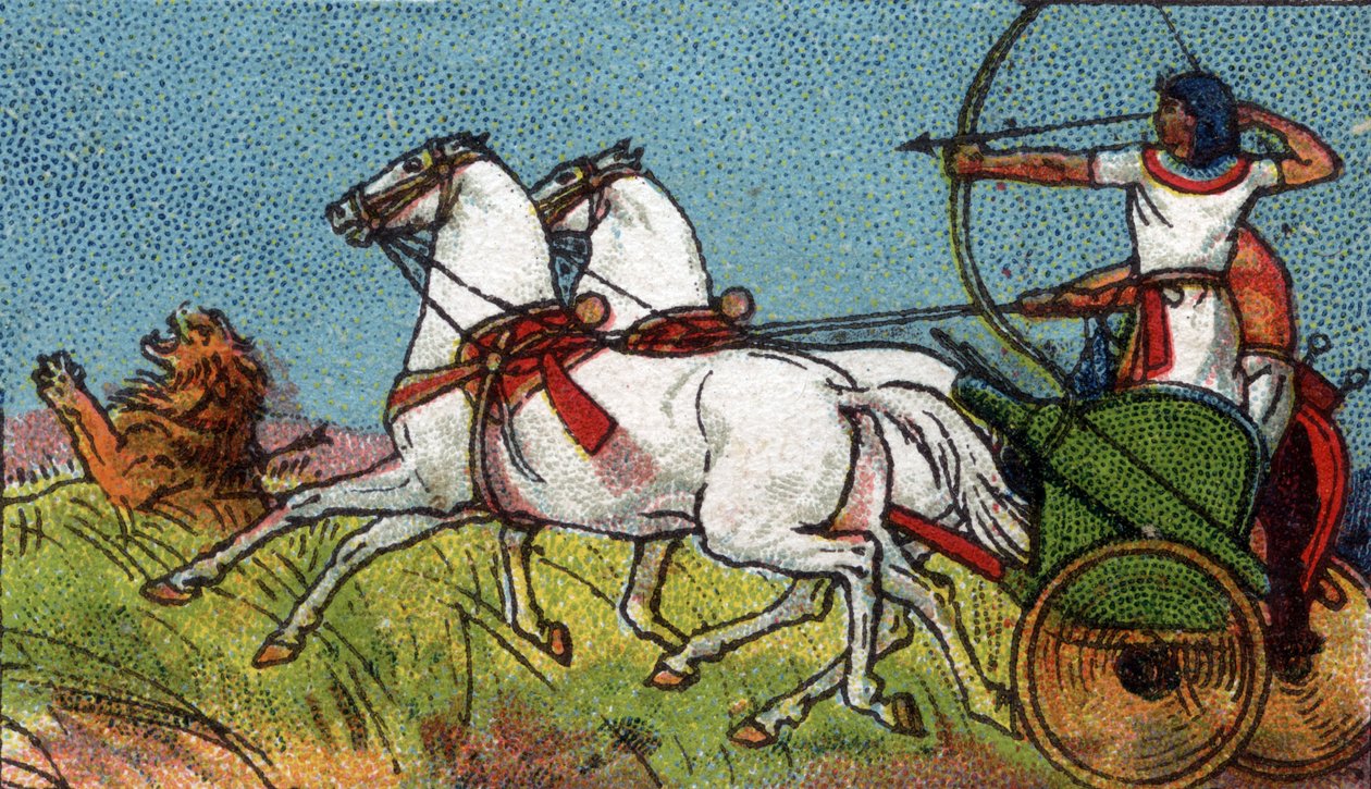 Vida quotidiana no antigo Egito: um faraó perseguindo o leão, início do século XX (cromo) de Unknown Artist