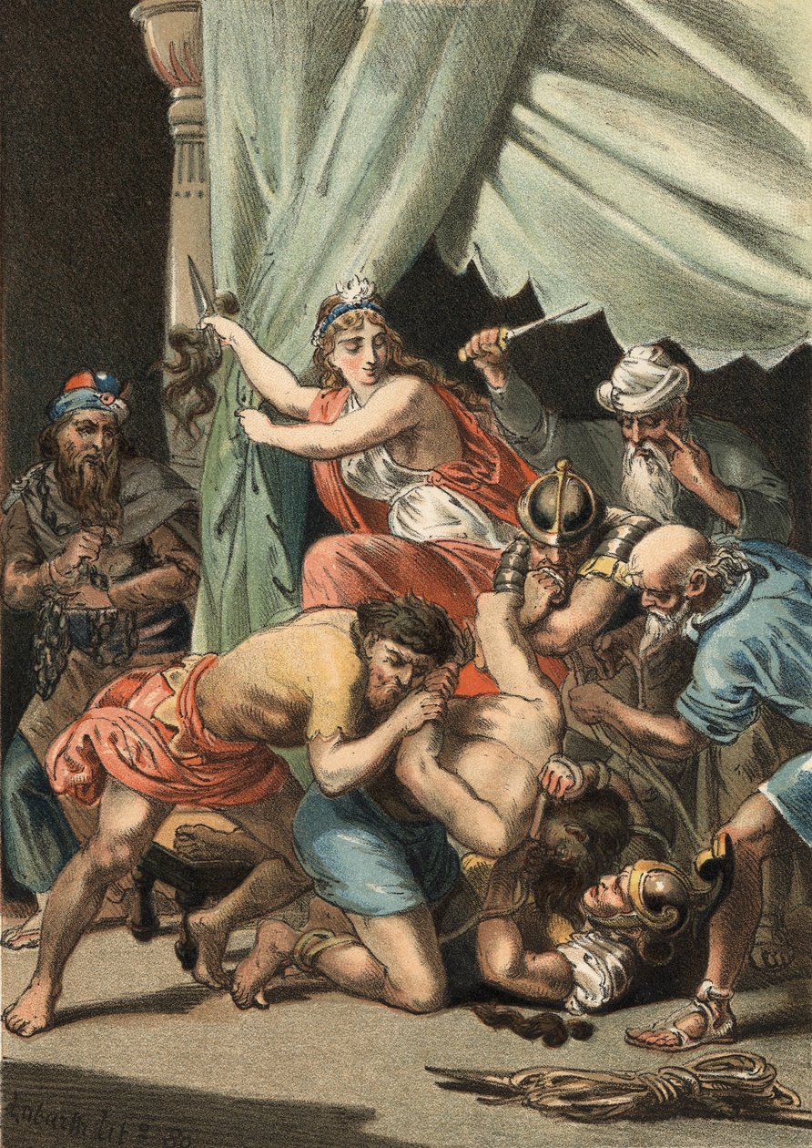 Dalila corta o cabelo de Sansão para o tornar vulnerável e o livro para os filisteus. de Unknown artist
