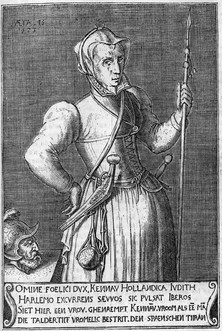Dama Kenau Simonsdochter Hasselaer (1526-1588), a heroína de Haarlem (Holanda) durante a luta contra os espanhóis em 1572. Gravura do século XVII, conivente com Judith de Holoferne. de Unknown artist